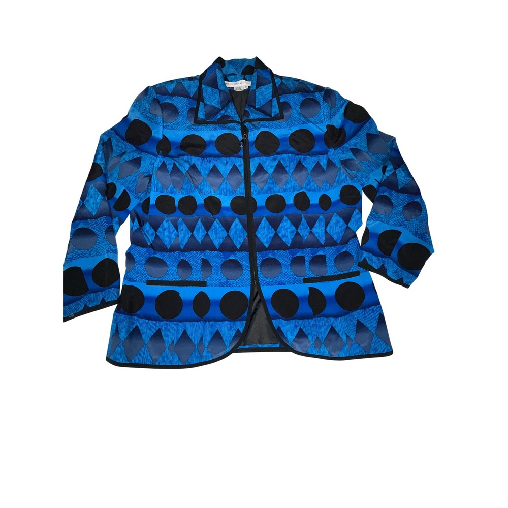 Anne Crimmins UMI Silk Zip Jacket Womens 16 Blue Black Geometric Print